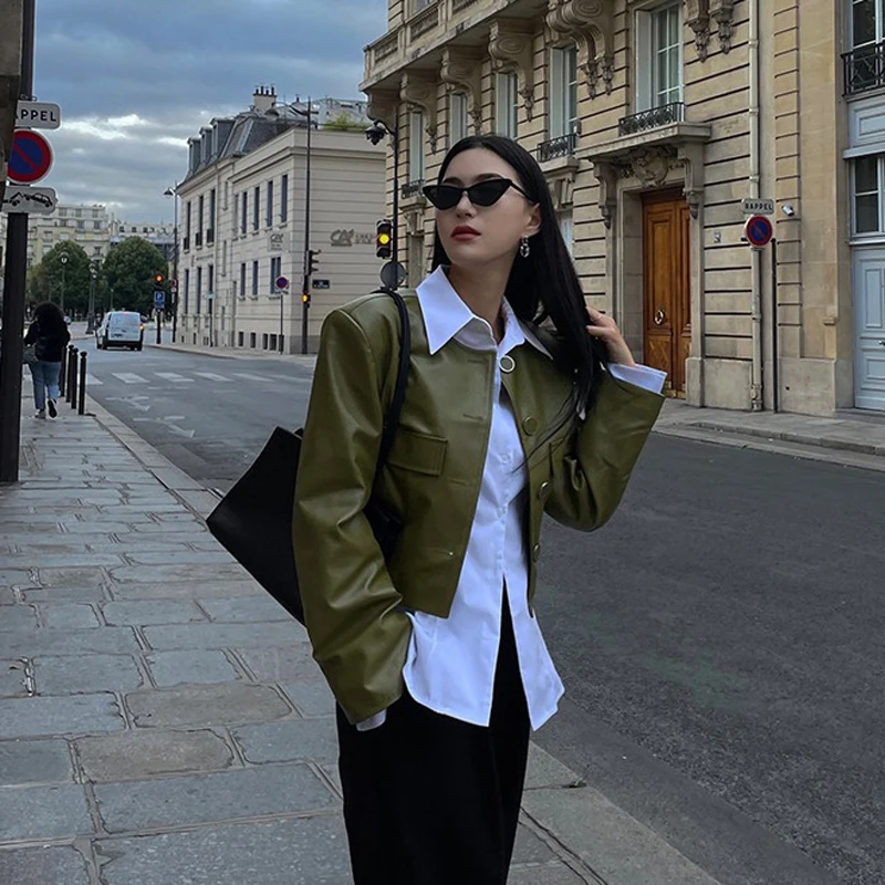 

Корейский кардиган-пальто из искусственной кожи Ele ort для женщин: весна, осень, зима. Модный повседневный уличный стиль.