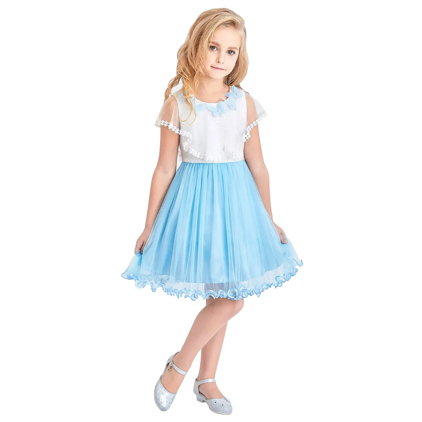 Girls Dress Cape Cloak Dress Blue Butterfly Wedding