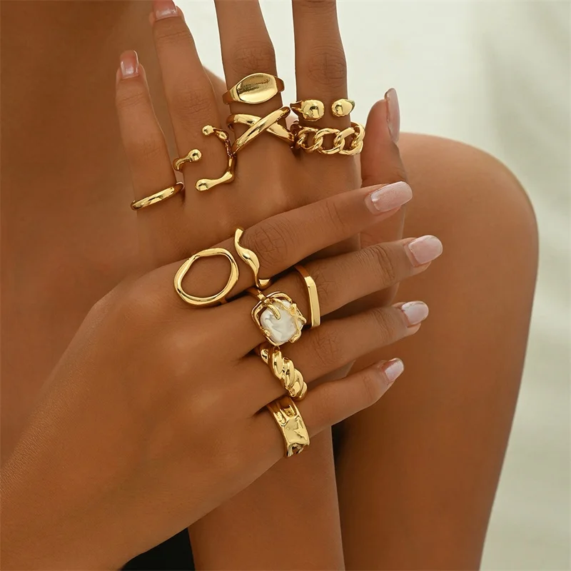 12 pièces/ensemble Vintage couleur or irrégulière géométrique anneaux ouverts pour les femmes exagéré métal épais épais bague bijoux de fête