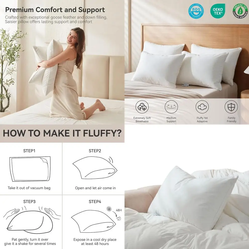 

Подушки King Size с гусиным пухом, органический хлопок, класса люкс как в отеле, дышащие и мягкие, 1 шт. (20x36)