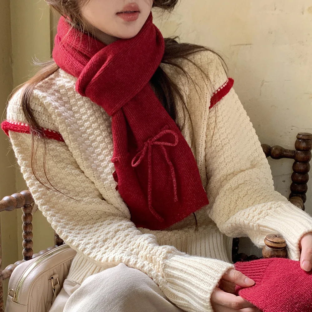 sweet strap bow knitted scarf for girls with wool winter warm  soft neck protection