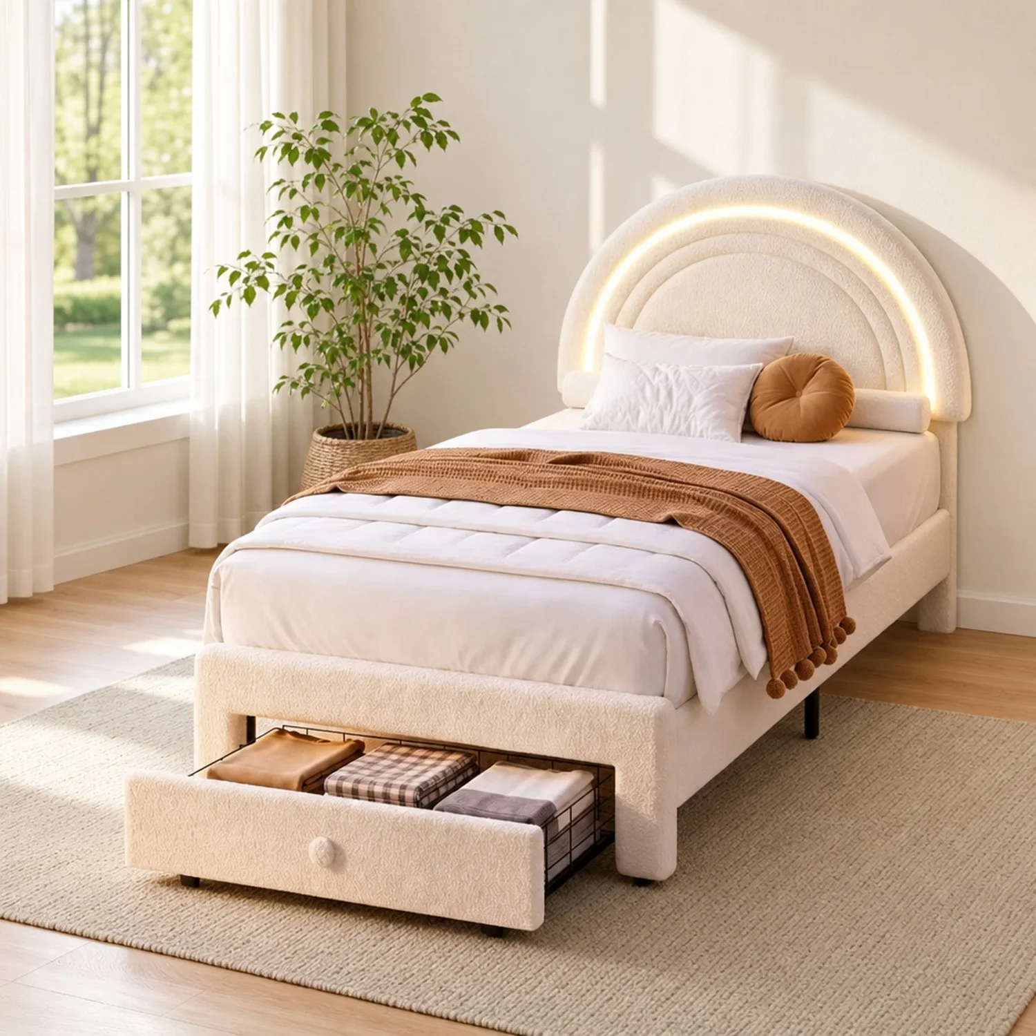 USA Stock Twin Upholstered LED Bed Frame With Storage Drawer, Beige Lamb Wool Princess Platform Bed With Rainbow Headboard For K