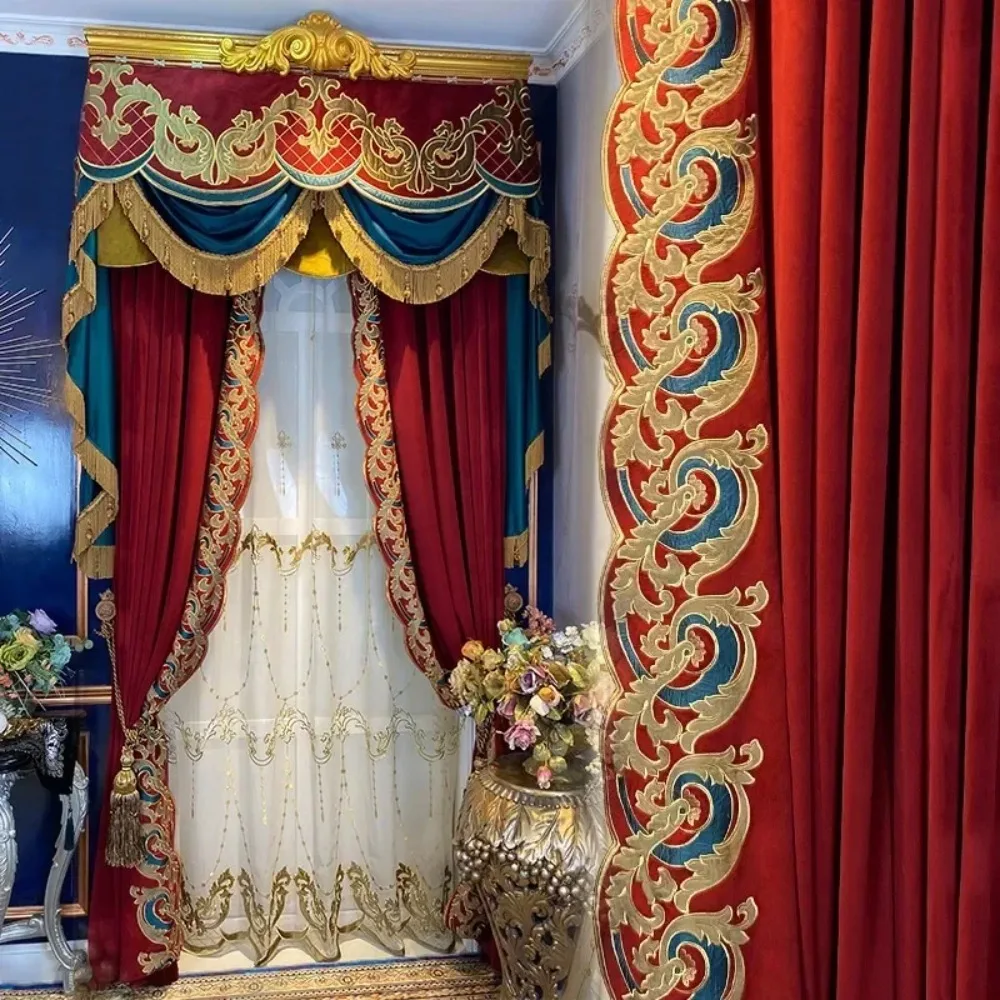 

Palace High-end Red Embroidery Velvet Thickened Curtains for Living Room Bedroom French Window Villa Customized Valance