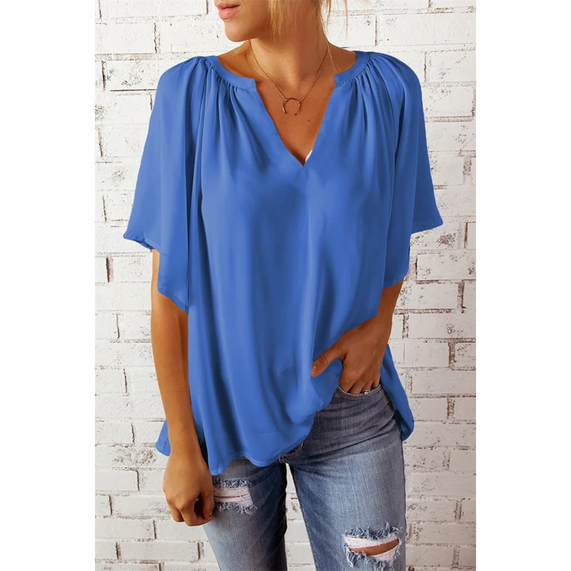 Summer Women's Casual T-irt Blouse Street Sle Loose Fit V-Ne ort Sve Polyester Chiffon Top for Middle-Aged Ladies