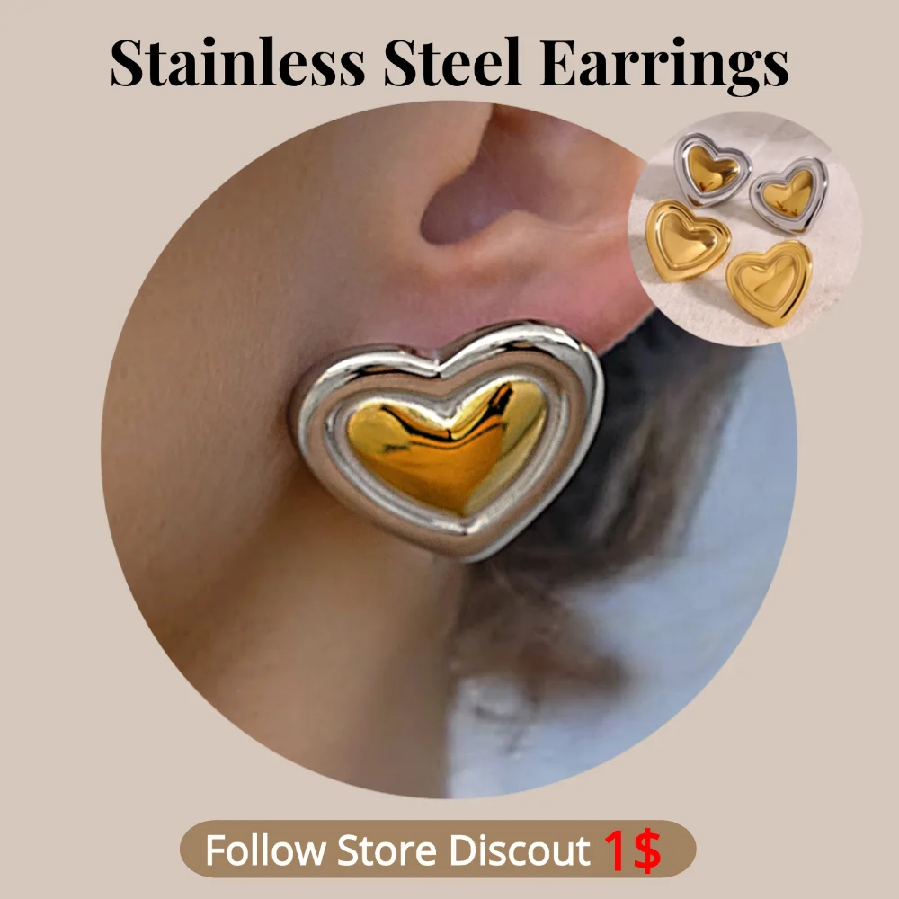 Stainless Steel Double Color Heart Earrings Plated 18k Gold Color Non Tarnish Waterproof Trendy Jewelry Earrings For Women Gift