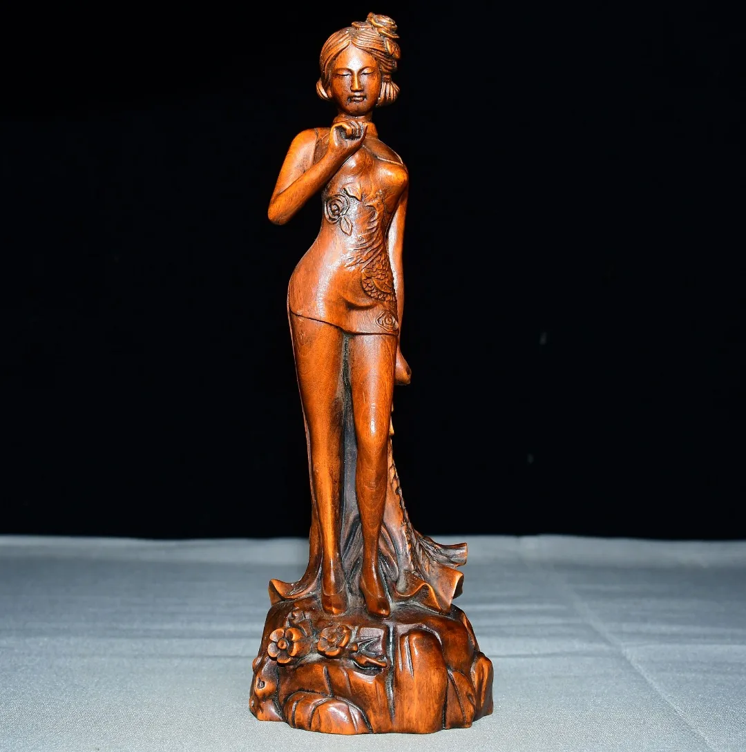 Old Boxwood Long skirt, cloak, beautiful woman statue of the goddess classical beauty statue Study Amass wealth Ornaments