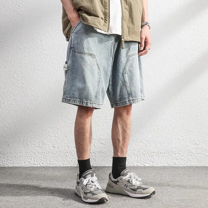 2026 Summer Men High Street Loose Straight Leg Denim Shorts Male American Vintage Jeans Casual Versatile Nostalgic Blue Pants