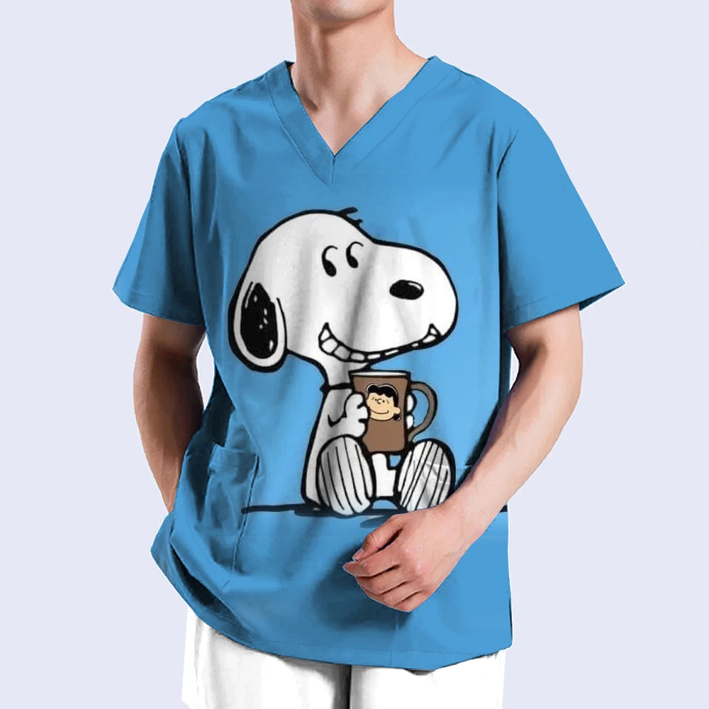 New Hospital Nursing Workwear Surgical Shirt Medical Scrubs Tops for women men Snoopy print V-neck Pockets Uniforms Scrub Blouse