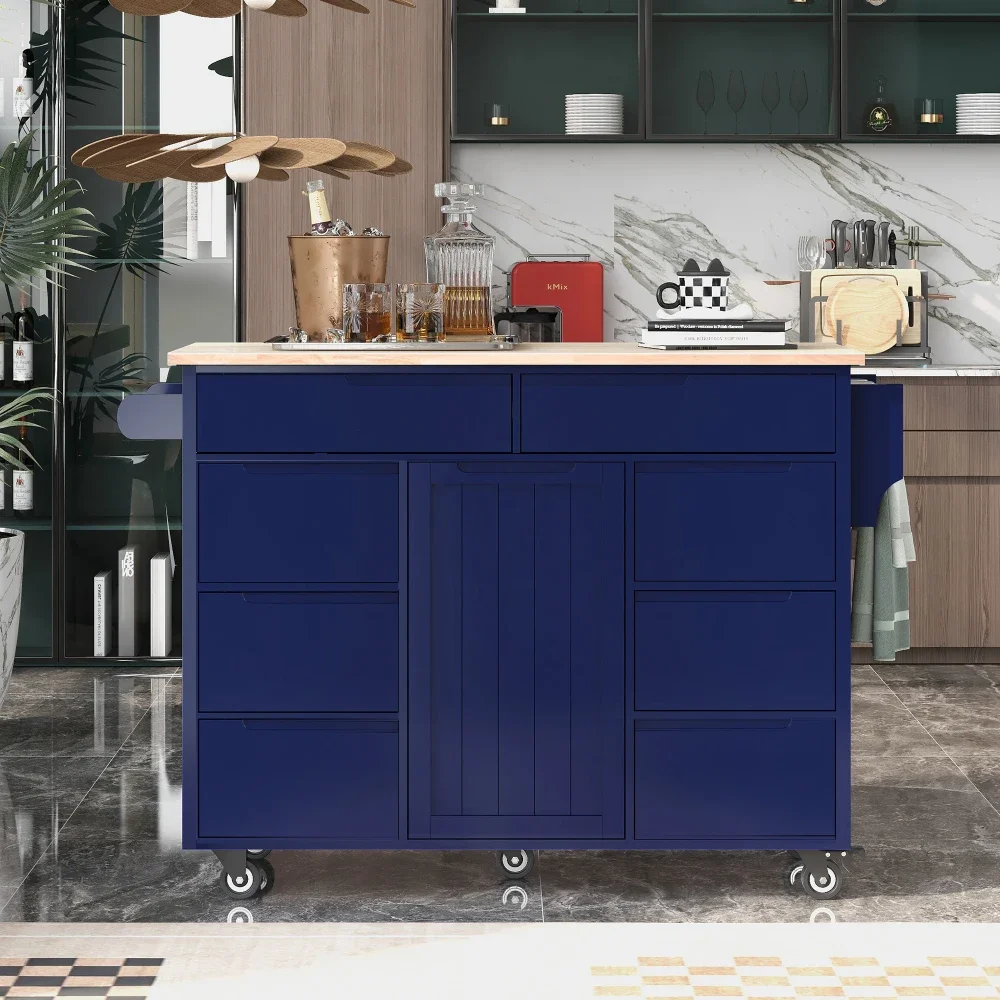 

Kitchen Cart with Rubber Wood Countertop,Kitchen Island Has 8 Handle-Free Drawers Kitchen Dinning Room Kitchen Islands Trolleys