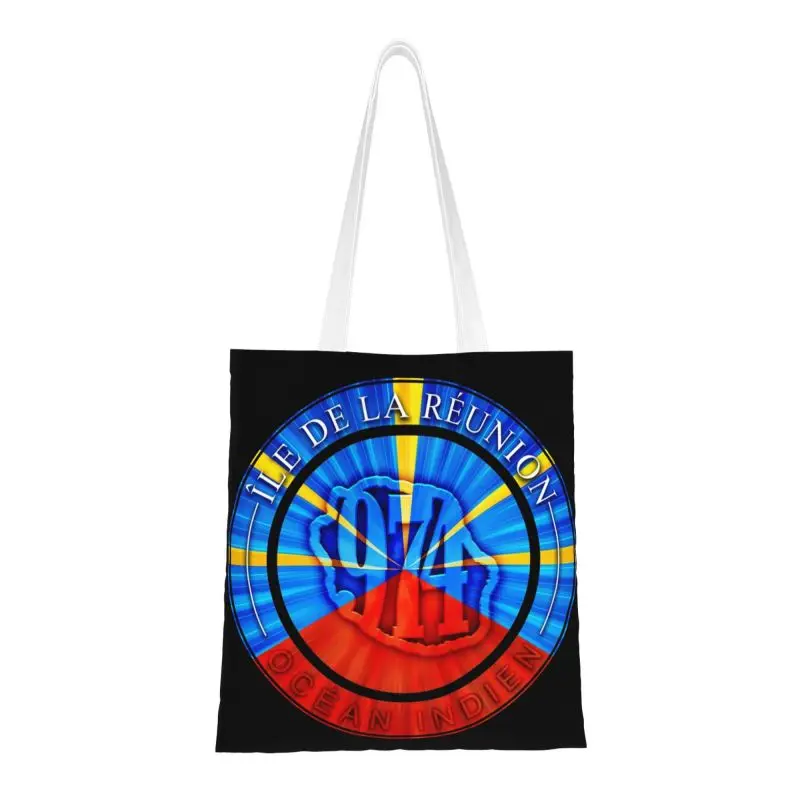 

Funny Printed 974 Reunion Island Flag Shopping Tote Bags Reusable Canvas Shoulder Shopper Handbag