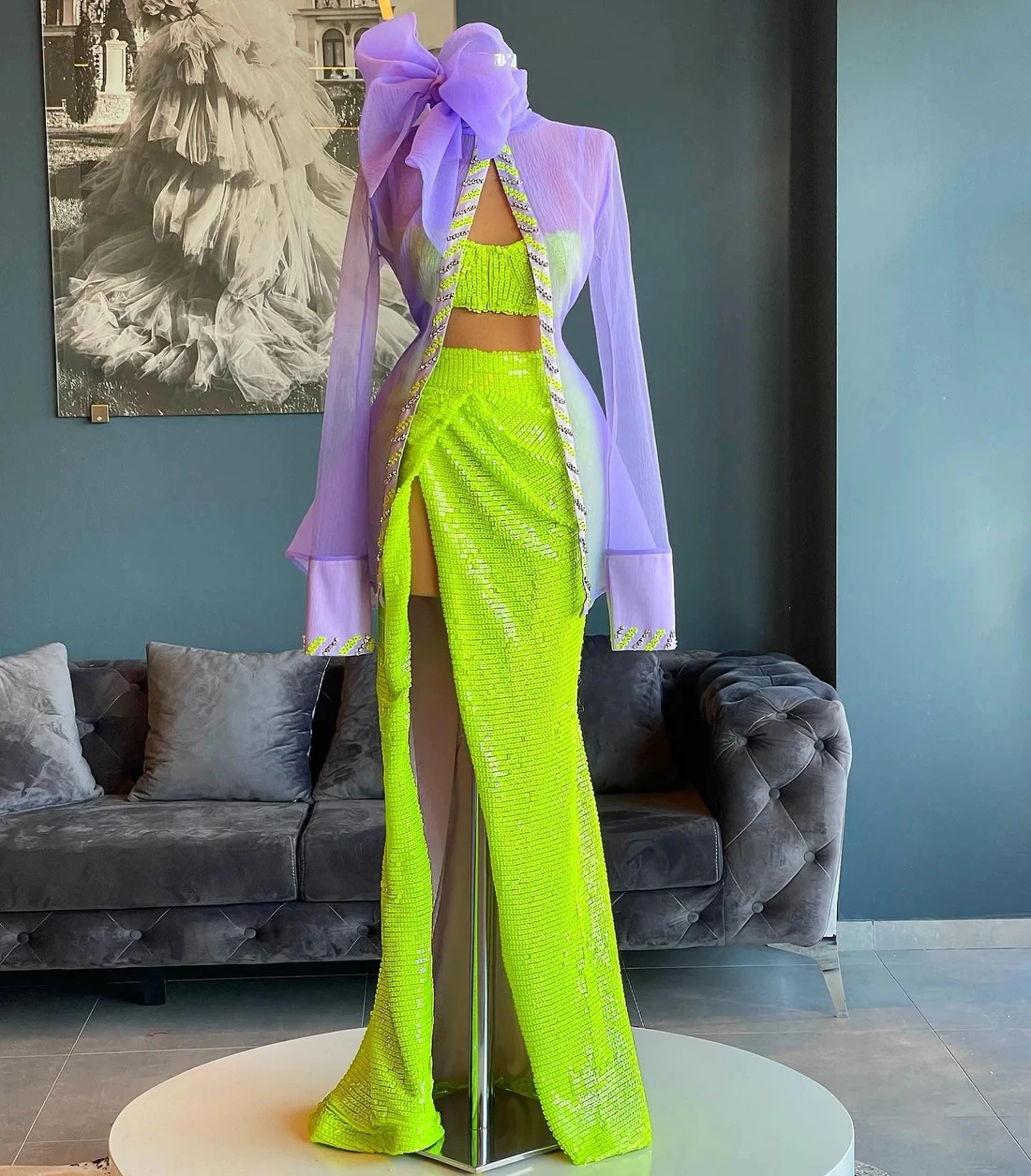 

Green Haute Couture Prom Dresses Mermaid Two Pieces Sequins Slit Saudi Arabia Dubai Robe De Soiree Evening Dress Gown