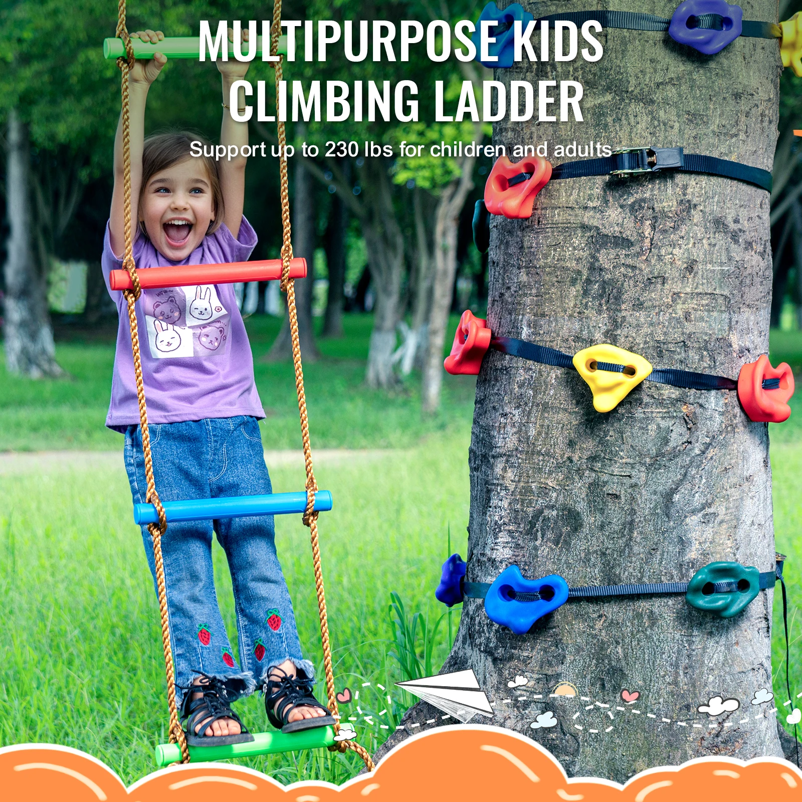 VEVOR Ninja Tree Climbing Kit 12 Tree Climbing Holds 6 Ratchet Straps and a Climbing Ladder Climbing Rocks for Kids and Adults