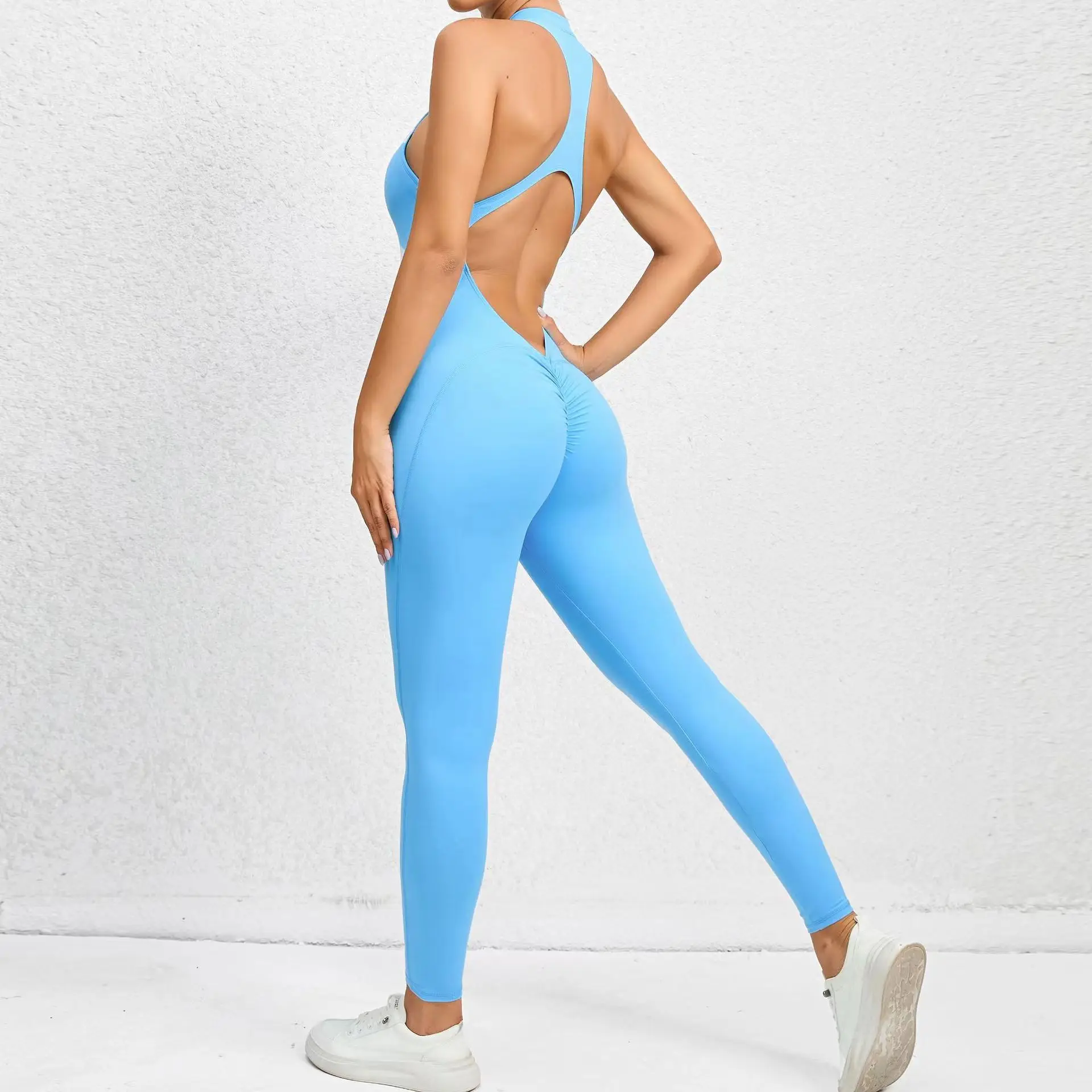 

V Back One-piece Suit Women Sports Jumpsuit Zippers Yoga Rompers Backless Sportswear Women Sleeveles Workout Bodysuits Female