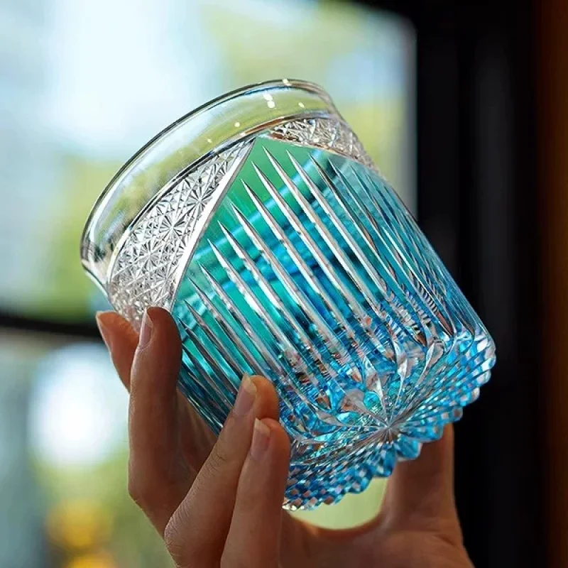 High-End Hand Carved Crystal Whiskey Glass Japanese style Wine Cup Sapphire Home Water Cup Gift Box For Whisky Lovers