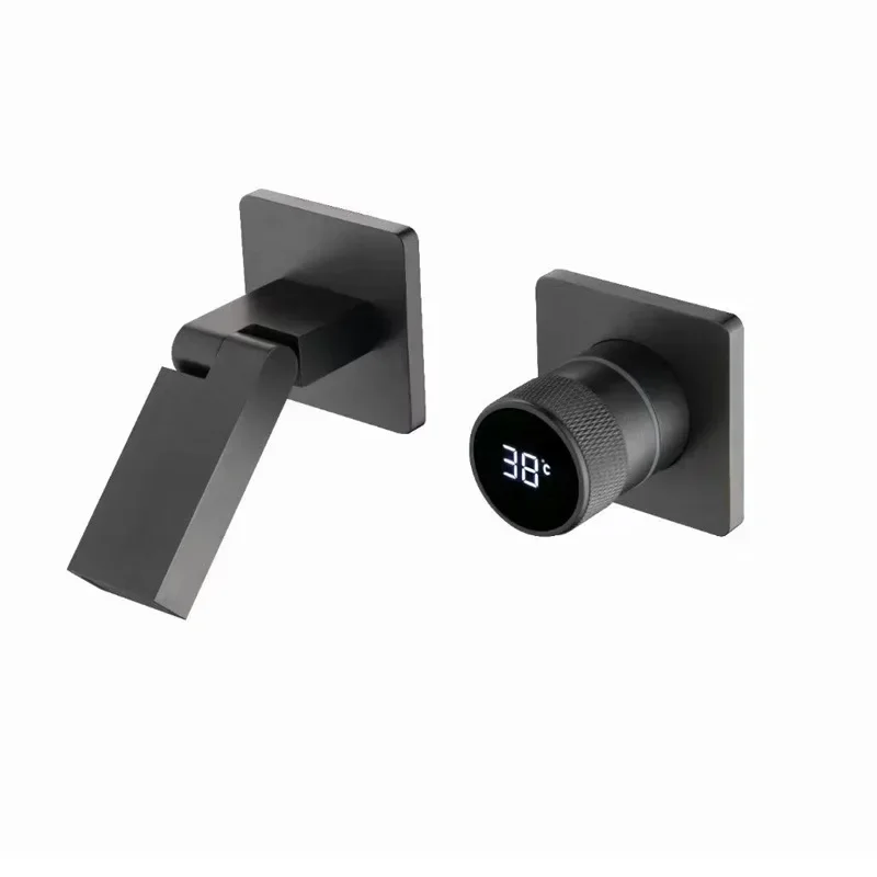 Cross-border gun ash concealed digital display folding basin faucet All copper wall basin hot and cold faucet