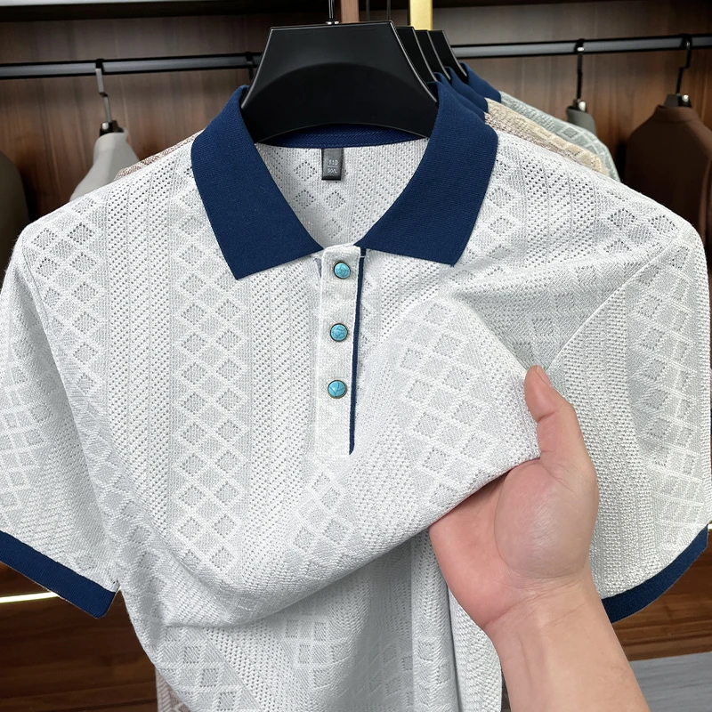 Designer Brand Man Short-Sleeved Polo Shirt Jacquard Design Linen-Like Feel Summer New Lightweight Breathable Leisure Men's Wear