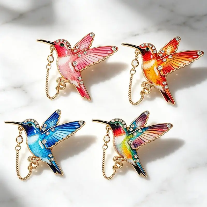 Ketten-Broschen mit Kolibri-Motiv für Damen und Herren, 4-farbiger Emaille-Strass, wunderschöner Vogel, Tier, Party, Freizeit-Brosche – Detail 8
