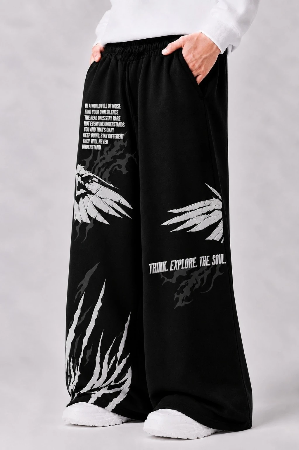 Hip-hop Style Black Wide-leg Sweatpants Featuring Cracked-effect Wing and Letter Prints; Y2K Dark-aesthetic Streetwear Trousers.