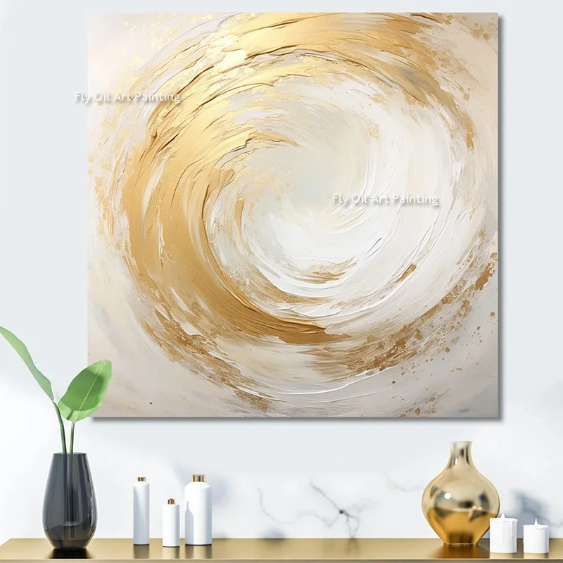 الأبيض الذهبي الأصفر دائرة مجردة سميكة قماش جدار الفن رسمت باليد بسيطة الأصلي الفني البني الأحمر النفط اللوحة للديكور