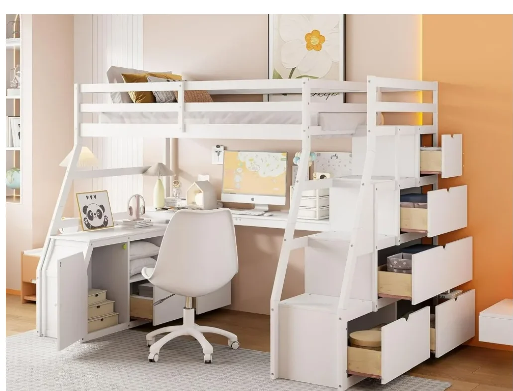 

Space-Efficient Wood Frame Twin/Double-Bedding System Complete With Built-In Study Area