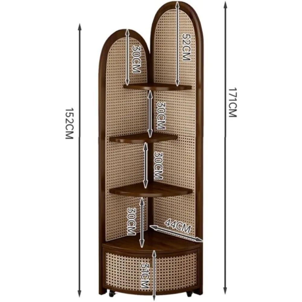 حامل رف زاوية من الروطان مع سلة تخزين، خزانة كتب على شكل مروحة، مصنوع من الروطان، مثالي لحلول تخزين غرفة النوم #2