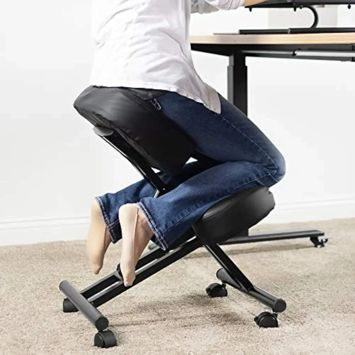 Black Mesh & Metal Ergonomic Kneeling Seat with Adjustable Height 21-28 Inches, Vinyl Cushion Support, 4-Wheel Mobility, 250 Lbs