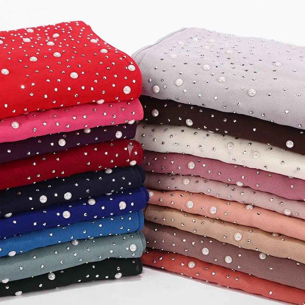 Hot Drill Decoration Scarf Lightweight Scarf with Imitation Pearls Hot Drill Decor Headwrap for Women Solid Color Fashion