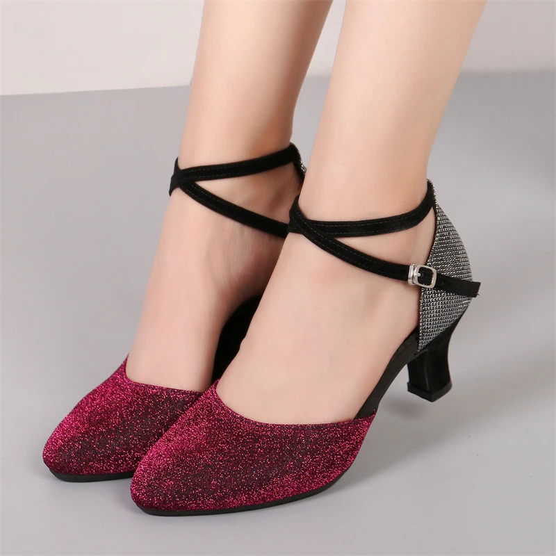 Sepatu dansa wanita, standar Ballroom sepatu dansa Modern ujung tertutup Glitter sepatu Latin Tango Ballroom Salsa