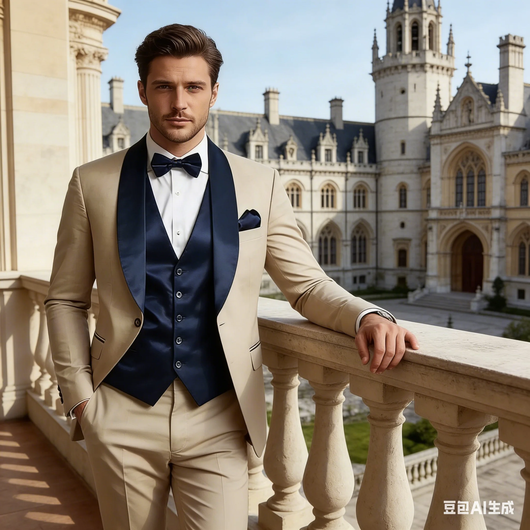 

Мужской костюм для свадьбы, вечеринки, торжественных мероприятий, выпускного, деловых встреч, цвета шампань и темно-синий, 3-х предметный комплект: пиджак, жилет, брюки.