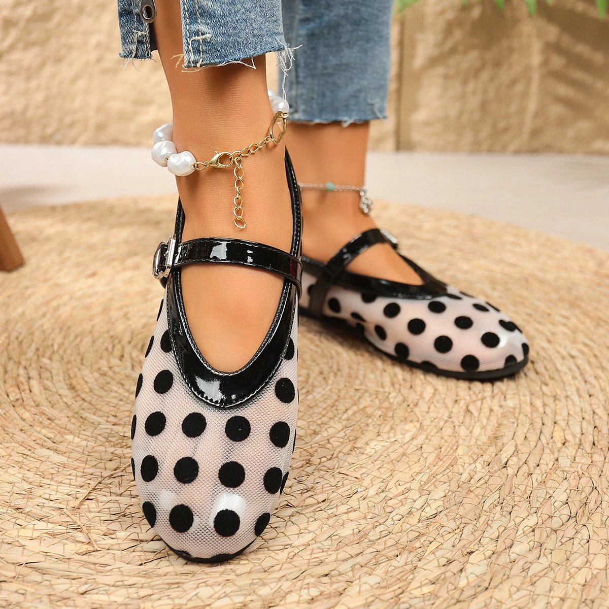 2026 Damen Ballerinas mit Netzstoff und Polka Dots, Vintage Mary Jane Schuhe mit runder Zehenpartie, Übergrößen Damenschuhe Größe 36-43 – Detail 18