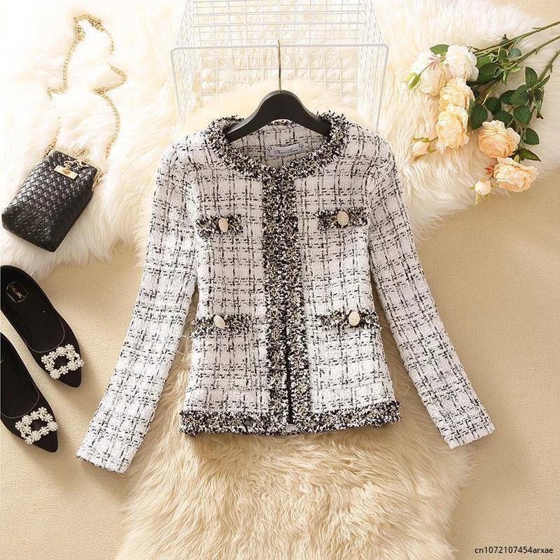 Chaqueta de Tweed de manga larga para mujer, cárdigan pequeño y elegante de alta calidad, abrigo corto de lana coreano, novedad de otoño