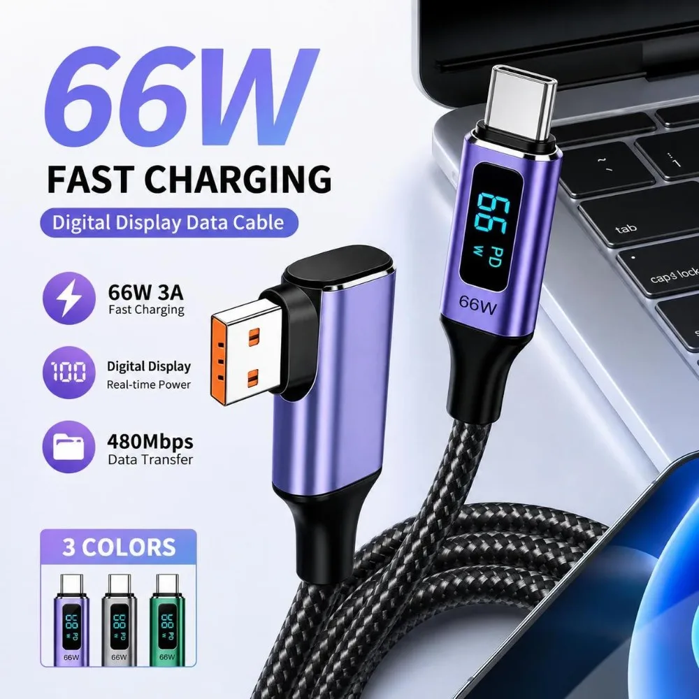 66W Fast Charging USB-A to USB-C Cable Right Angle Nylon Braided Right Angle Charging Cord 480Mbps Real-Time Display