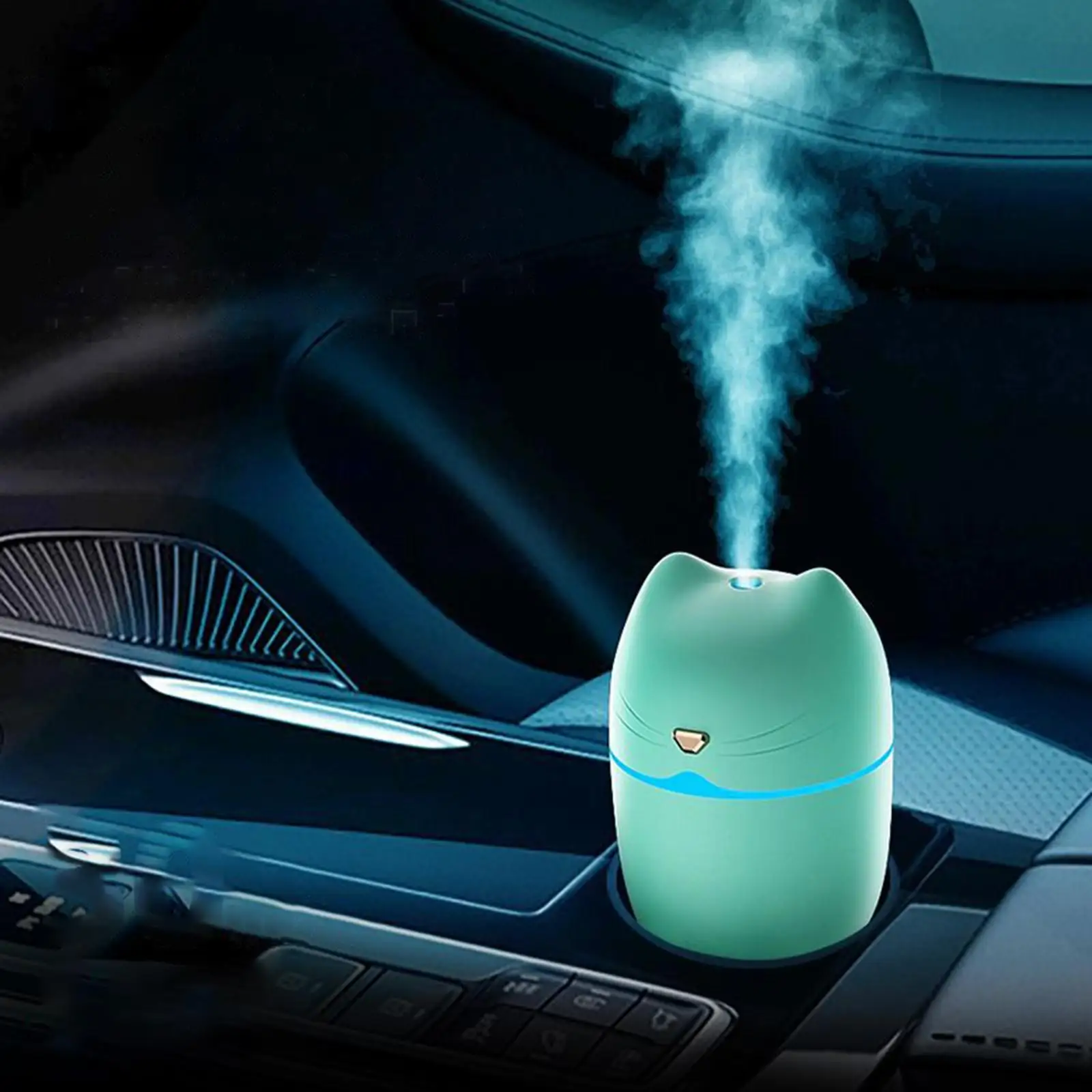 Umidificador de ar pequeno, formato de orelha de gato, difusor de névoa, 2 modos de spray, com 7 cores de mudança de luz, para carro e escritório, compacto, 260ml
