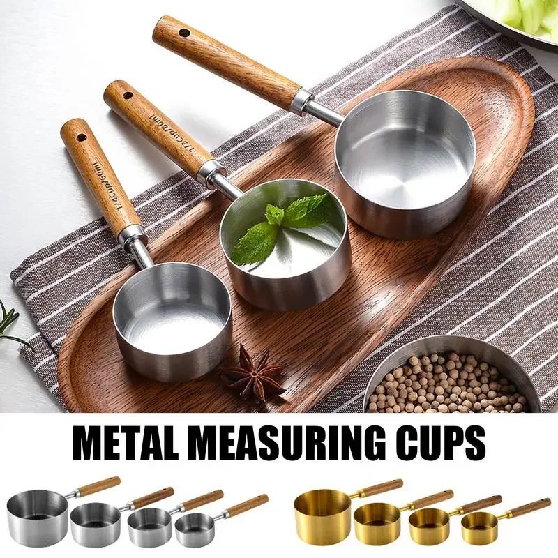 4PCS Measuring Spoon Set Stainless Steel Wooden Handle Measuring Cups Spoons Baking Tools Coffee Bartending Kitchen Accessories