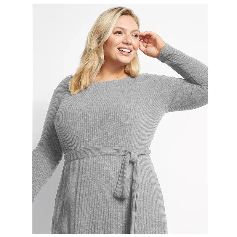 Plus Size Long Sleeve Elegant Autumn Ribbed Knit Midi Dress Women Tie Waist Long Casual Dress Large Size Straight Dress 5XL 6XL