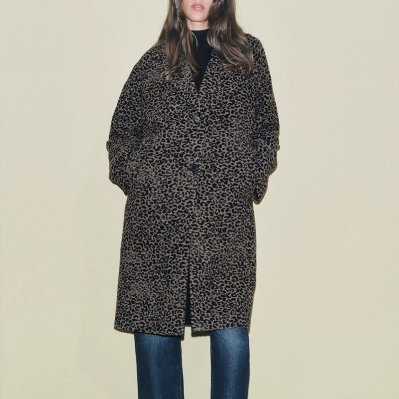 

New 2024 Autumn Women's ZW Series Mixed Wool Animal Patterned Coat Long Sve Street Sle Sport Casual Polyester Fiber
