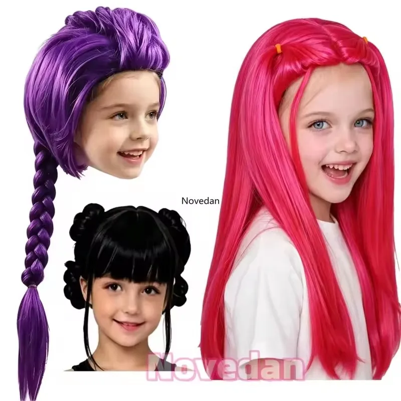 New Purple Long Braid With Side Ponytail Integrated Tiger Mouth Clamp Children's Wig Halloween Costume Party Cosplay