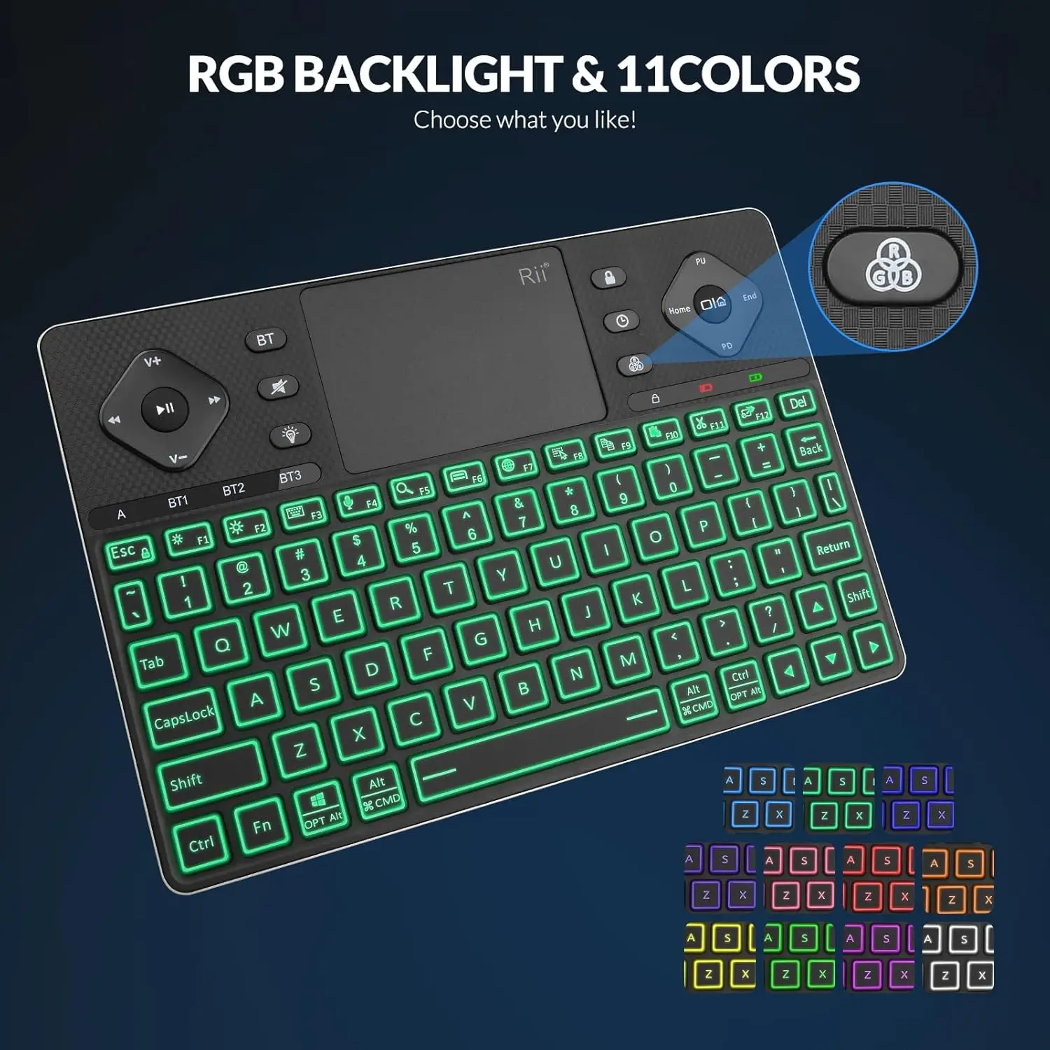 Rii Wireless Keyboard K16 Bluetooth with Touch Pad RGB Backlit Compact Design for Android TV Smart TV Tablet iPad