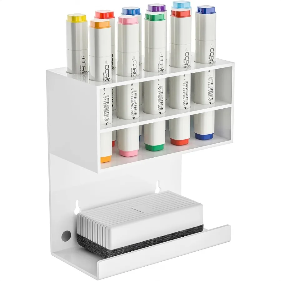 

White Magnetic Dry Erase Marker Holder for Whiteboard Wall Mounted Marker Holder Stand with 10 Marker Slots and Eraser Holder f