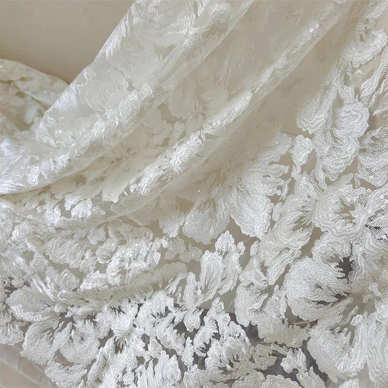 Off White Embroidered Thickening Big Flower Fabric, Handmade DIY Wedding Dress Bridal Dress Sewing Lace Fabric RS4548