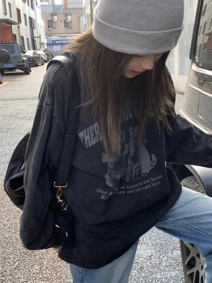 Washed Cotton Long Sleeve T-Shirt plus Size Loose Fit Women's Spring Autumn Fashionable Vintage Style Commute Friendly Design