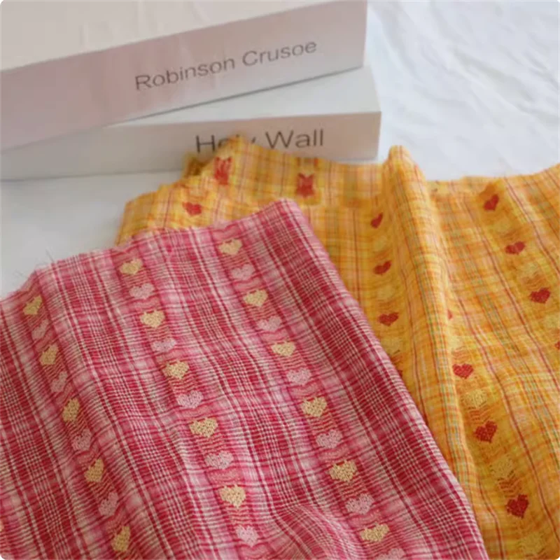 Summer pleated thin breathable yellow red peach heart woven embroidered pure cotton fabric DIY