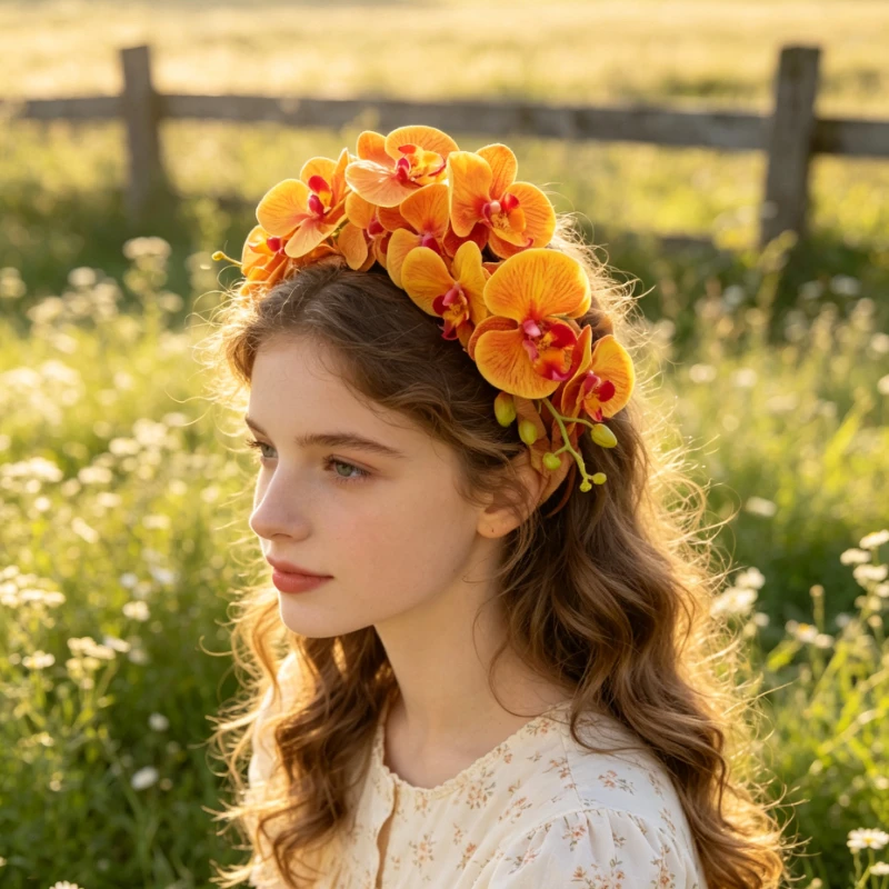 Faux Phalaenopsis Flower Headband - Large Bloom Orchid Hair Crown with Adjustable Metal Ring - Bridal Shower & Photo Prop
