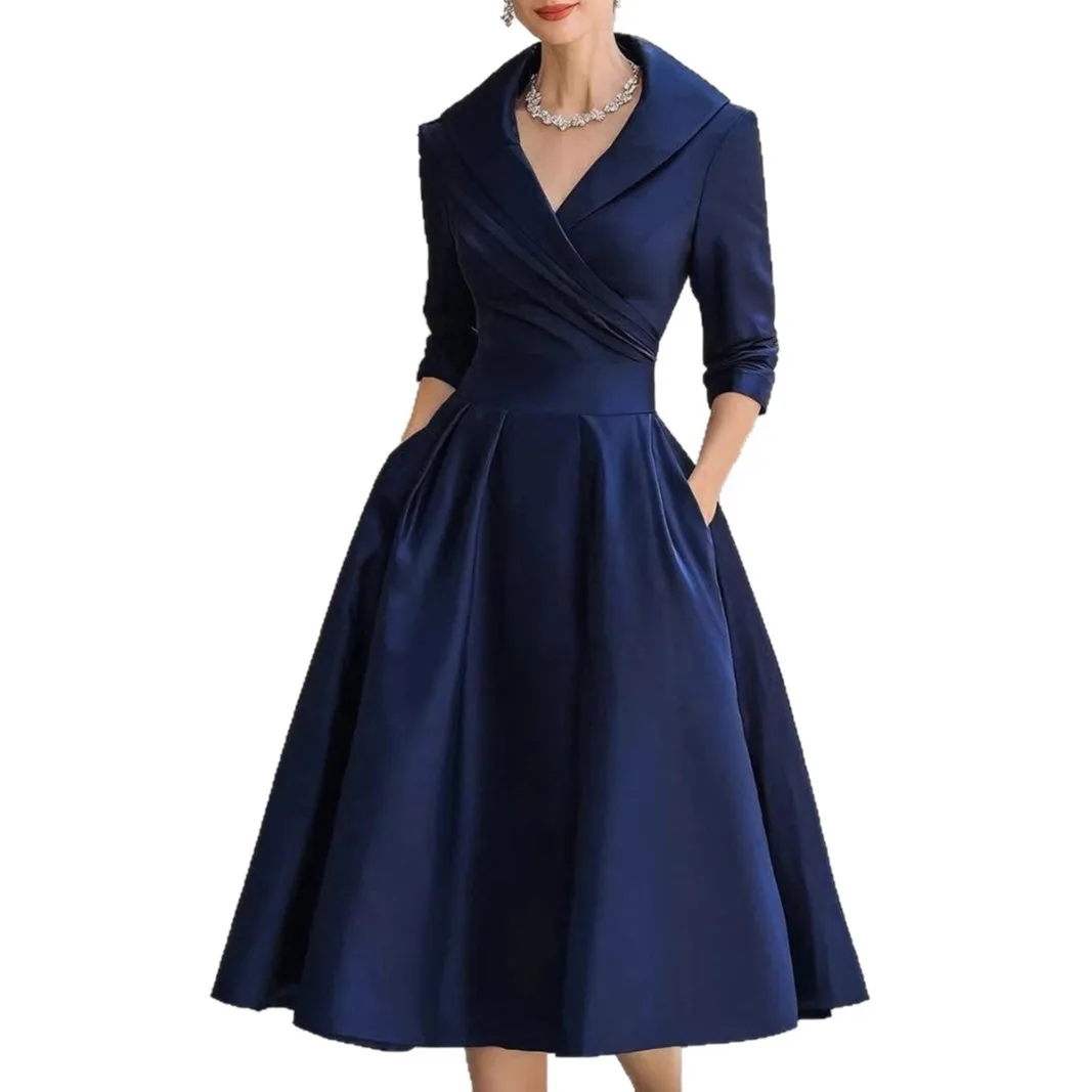 Women's Elegant Pleated Dress with Lapel Neck High Waist Solid Color Asymmetrical for Wedding Guest Party Prom Wedding Party