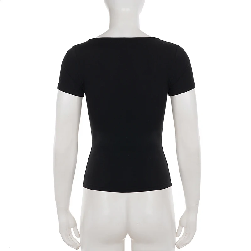 SUCHCUTE Retro-T-Shirt mit Blumendruck und Kontrast für Damen, V-Ausschnitt, kurzärmelig, Sommer-Slim-Tops, Y2k, lässiges Outfit, Streetwear – Detail 5
