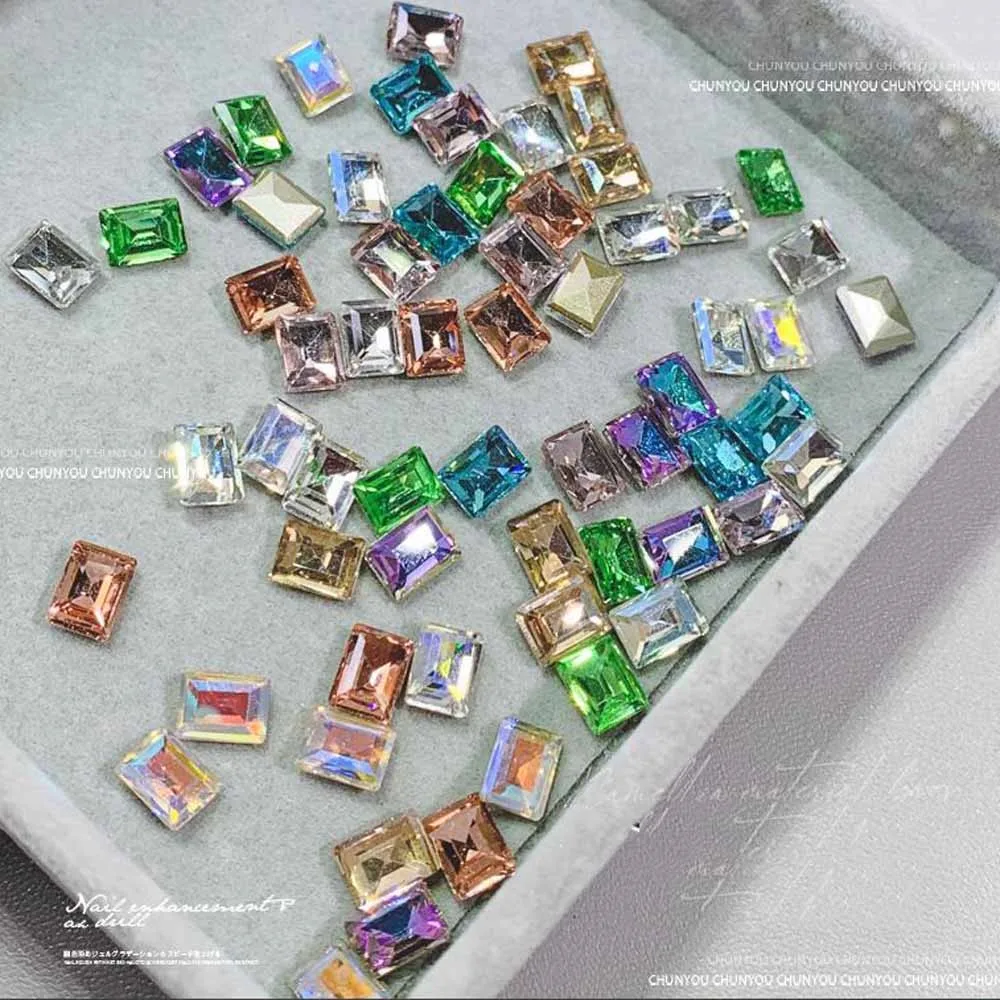 50Pcs Luxury 6x8mm Square Sugar Cube Nail Diamonds Multi-Color Transparent Crystal Nail Rhinestones Sparkle Nail Gems Decoration