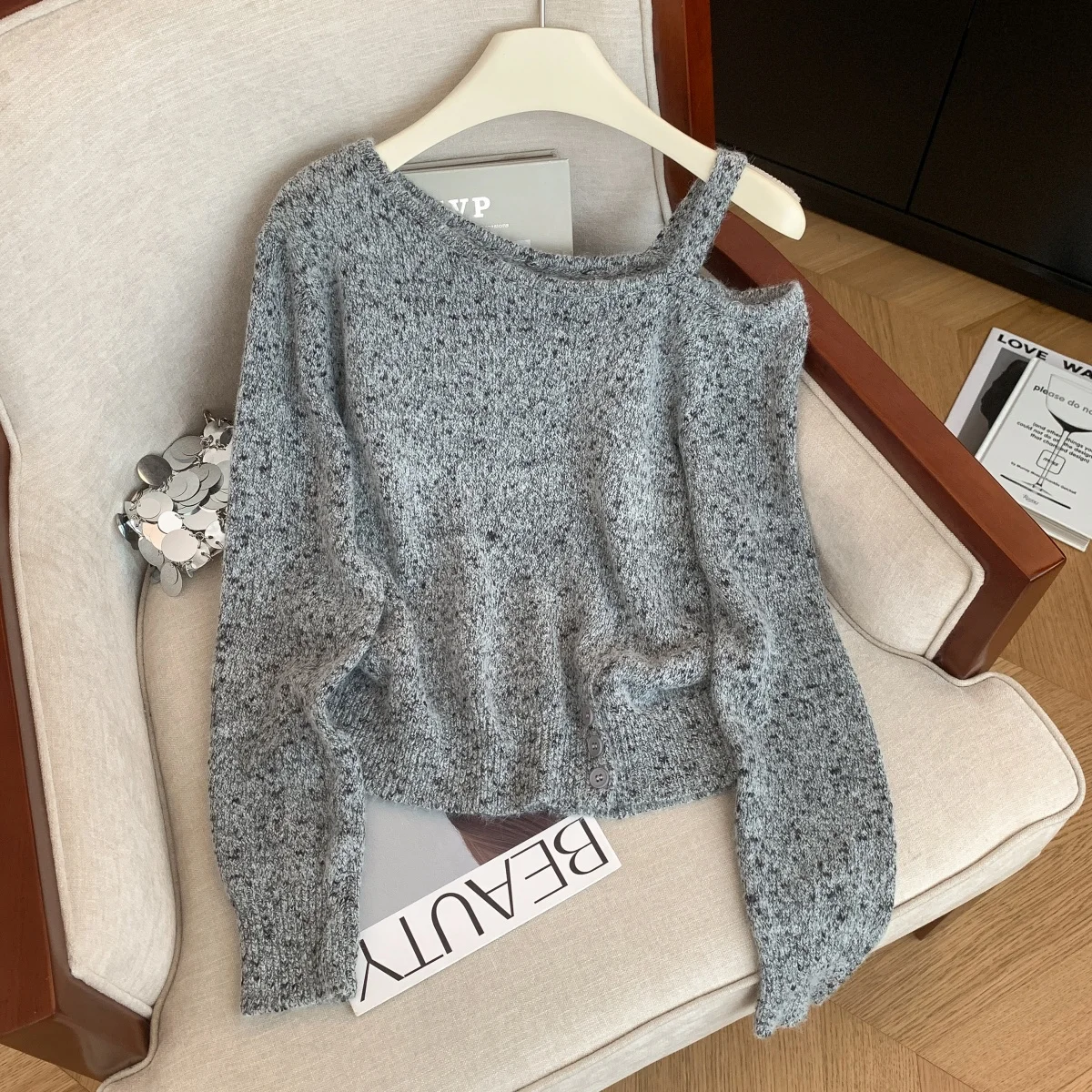 

Женский серый пуловер, свитер, винтажный джемпер Y2k, трикотаж, корейский кашемировый свитер с открытыми плечами и длинными рукавами, осенняя одежда 2000-х годов