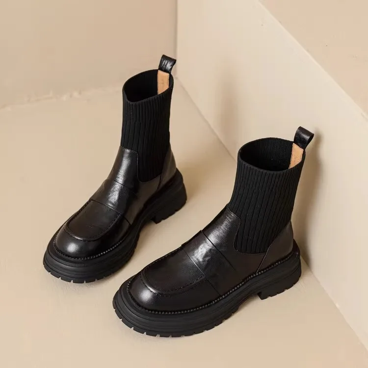 Boots Socks Heels Winter Shoes For Women Round Toe Chelsea Stockings 2024 Rubber Ladies Med Ankle Autumn Rock Microfiber Slip-O