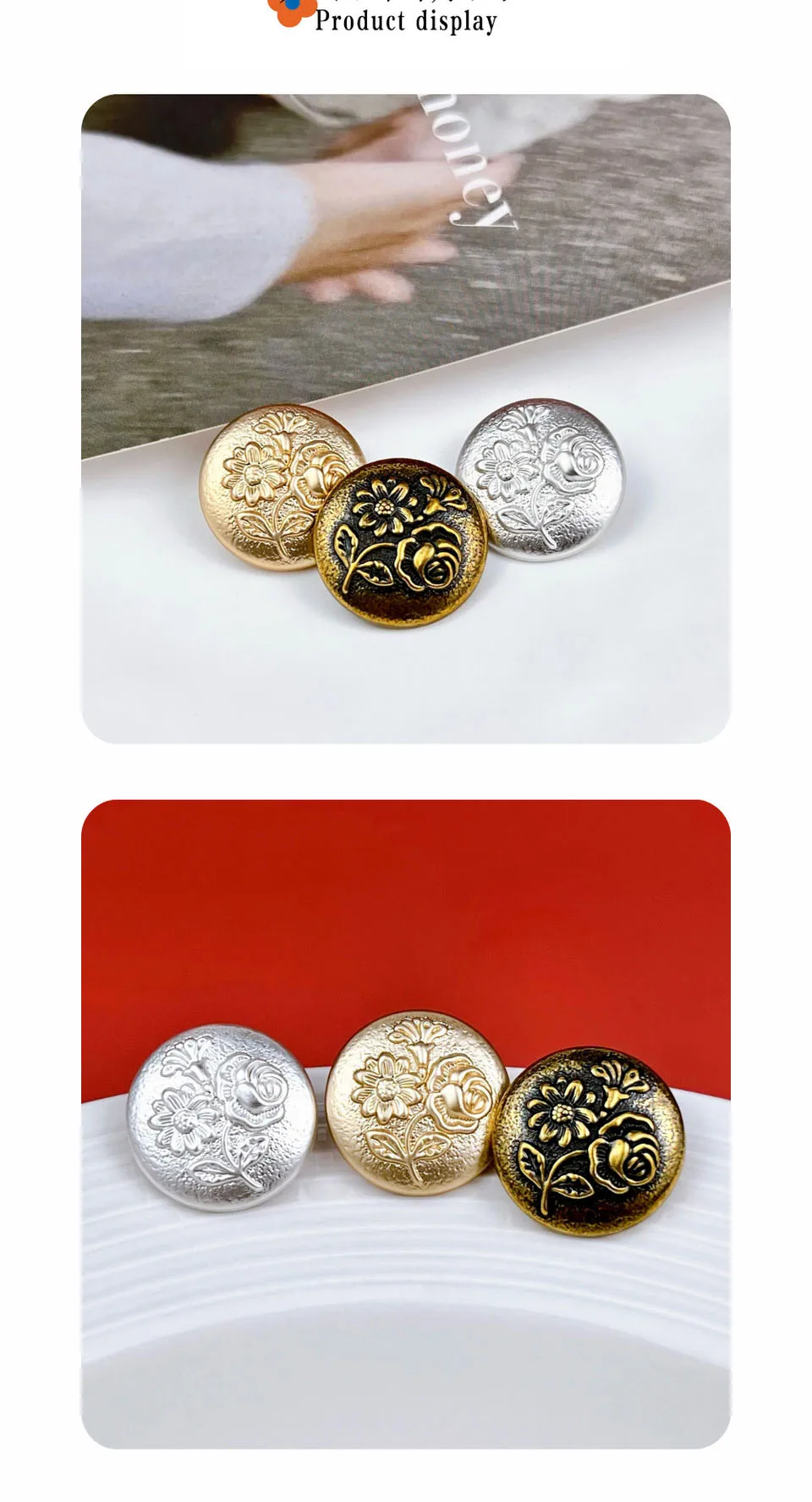 10 Stück Metallknöpfe zum Nähen, dekorative hochwertige Knöpfe für DIY-Bastelarbeiten, Kleidungszubehör, Schnitzblumen-Knöpfe, 18 mm/23 mm – Detail 1