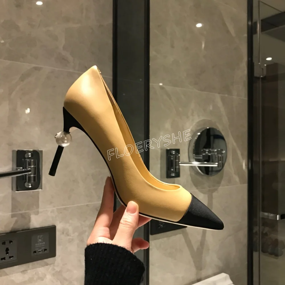 News Apricot Pearl Stiletto Pumps Women Mixed Colors Leather Pointed Toe Thin High Heel Party Design Temperament Dress Shoes